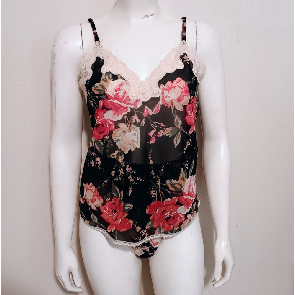 Vintage Natori Floral Cami 2 Pc Lingerie Set-Small-Lace Trim-Adjustable-Hi Cut